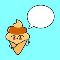 Ice cream with speech bubble. Vector hand drawn cartoon kawaii character illustration icon. Isolated on blue background. Ice cream character concept