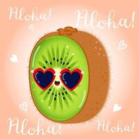 Cute funny Kiwi fruit character. Vector hand drawn cartoon kawaii character illustration icon. Isolated on pink background. Kiwi fruit character concept. Aloha card