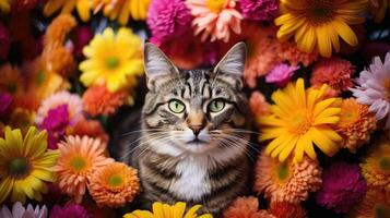 ai generado jardín gato en flores ai generado foto