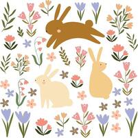 cute bunny in wild flowers garden elements  hand drawn vector illustration