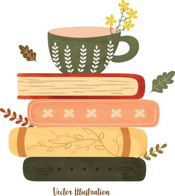 spring coffee cup on stack of vintage books watercolor element for invitation greeting party birthday celebration card hand drawn vector illustration