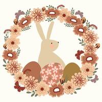 easter bunny and eggs in boho wild flowers wreath frame border hand drawn vector illustration