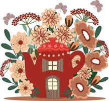 adorable fairy teapot house in flower garden handdrawn vector element art for decorate invitation greeting birthday party celebration wedding card poster banner textile wallpaper paper wrap background