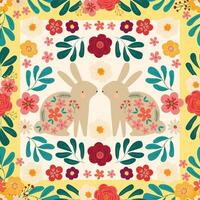 cute bunnys in flowers frame hand drawn vector illustration seamless pattern background wrapping paper