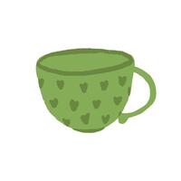 Empty tea or coffee cup in green colour with heart pattern. Textured hand drawn colored vector illustration. Cartoon style. Flat design. Print, poster, icon, symbol. Kitchen art.