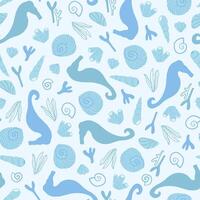 Sea life, ocean seamless pattern with underwater life objects, seahorses, corals, algae and seashells. Summer, beach, vacation. vector