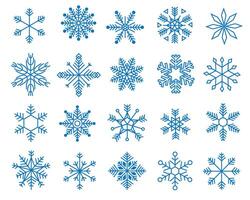 Doodle snowflakes. Variations of winter blue symmetrical snow flakes, geometric frozen crystal icons Christmas New year decoration. Vector collection