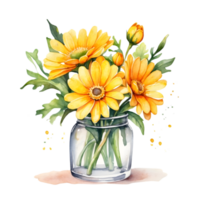 AI generated watercolor flowers in a glass jar on transparent background png