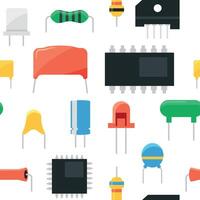 Electronic component pattern. Seamless print with conductor and semiconductor transistor diode capacitor elements. Vector texture