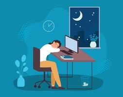 hombre trabajo tarde a noche, difícil trabajando en lugar de trabajo vector