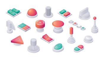 Isometric buttons. 3D toggles switches and sliders, analog control panel regulators isolated set, volume levers and radio adjustment controllers. Vector collection