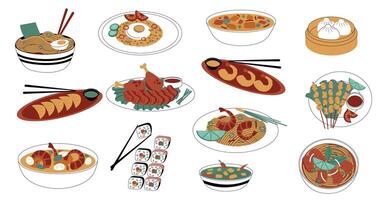 Asian food. Chinese Japanese and Korean national cuisine, bowls and plates with spicy food, sea fish, rice and sauces. Vector traditional eastern meal isolated doodle set