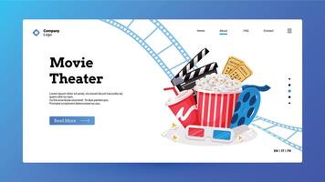 Cinema landing page. Movie making and film theater tickets booking web page layout with camera ticket megaphone bobbin clapper icons. Vector website illustration