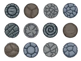 Round stones buttons. Cartoon empty round game UI elements, 2D sprite graphic frames for rating badge, achievement and UI layout. Vector set