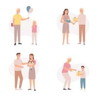 Men different ages give gift to women and kids. Boy giving balloons to little girl. Couple holding presents for holiday vector
