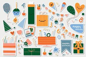 Birthday abstract stickers. Cartoon colorful decorative elements for greeting cards, emblems and labels. Vector happy and funny characters collection