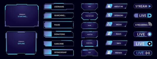 Game stream. HUD futuristic overlay with frames buttons banners and panels, dashboard popup window layout for TV and game streaming. Vector border UI
