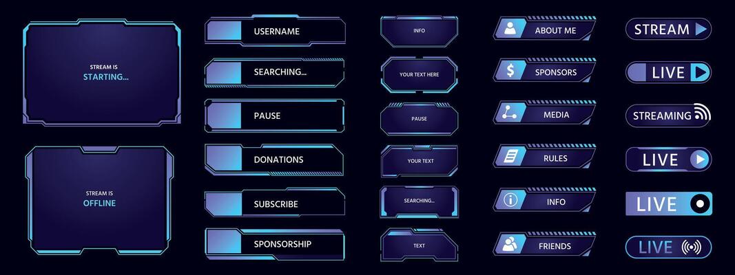Game stream. HUD futuristic overlay with frames buttons banners and panels, dashboard popup window layout for TV and game streaming. Vector border UI