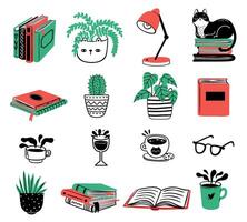 Book piles, houseplants, cat, tea and coffee cup vector
