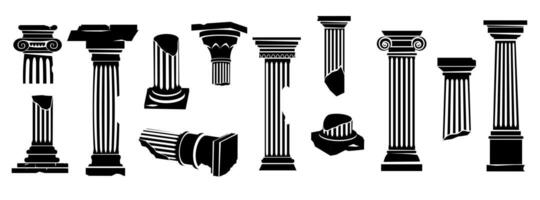 Ancient greek columns silhouette. Black classic roman architectural building elements, monochrome antique pillars and pedestals flat style. Vector collection