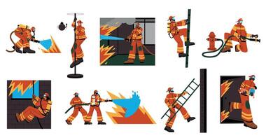 bombero en uniforme. dibujos animados bombero caracteres en diferente situaciones, emergencia trabajadores con rescate equipo la seguridad concepto. vector plano conjunto