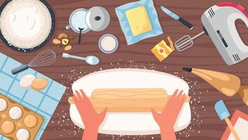 Baking table top view. Measuring spoon, wooden chopping board, rolling pin, bread knife, bowl and cup. Flat design food tools for baking cartoon style vector illustration