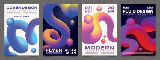 Gradient blend curve posters. Dynamic abstract splashes for cover design, wavy motion dynamic composition for business flyer. Vector set