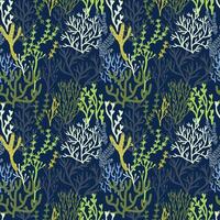 algas modelo. sin costura impresión de acuático plantas y naturaleza, fondo de pantalla antecedentes con dibujos animados azul algas, interminable marina envase papel y textil. vector textura