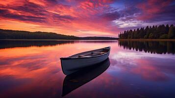 AI generated tranquil lake sunset boat ai generated photo