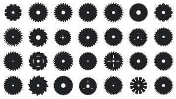 Circular saw blade silhouette. Black round saw cutting wood elements, rotary blades carpentry professional equipment for woodworking. Vector isolated set