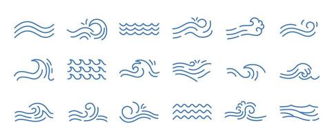 agua ola línea iconos fluido río agua y mar ola marcas, contorno líquido elementos y remolino marcas para logo diseño. vector aislado conjunto