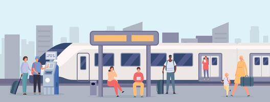personas a estación. hembra y masculino caracteres con equipaje esperando para transporte a ferrocarril estación. personas de viaje vector