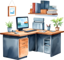 AI generated watercolor illustration of a desk with a laptop and plants png