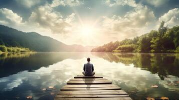AI generated peace meditation at lake ai generated photo