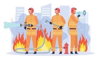 Flat firefighter department team group. Male characters in uniform holding equipment as hose, axe and megaphone vector