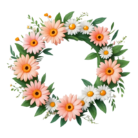 AI generated peach flowers and daisies wreath on transparent background png