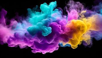 AI generated Generated image of bright colorful blue, purple, pink, yellow smoke float in air with black background photo