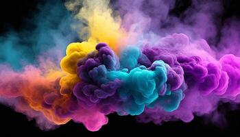 AI generated Generated image of bright colorful blue, purple, pink, yellow smoke float in air with black background photo