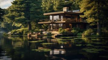 AI generated peaceful house on the lake ai generated photo