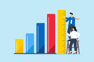 Two business people with ruler measuring bar graph vector