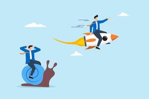 Businessman winner riding rocket, another on slow snail vector