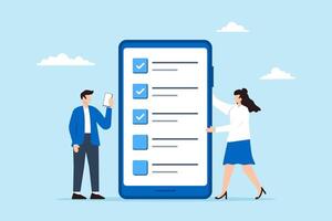 Man and woman filling online checklist survey form on smartphone vector