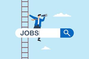 Businessman on ladder using binocular to see opportunity and vacancy with job search bar vector