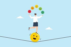 Cheerful woman juggling emotional expressions while standing above smiling face vector