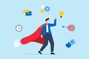 Successful manager or businessman wearing super hero cloak stand with competency skill set vector