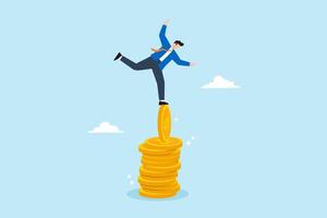 Businessman balancing on unstable stacks of coins vector