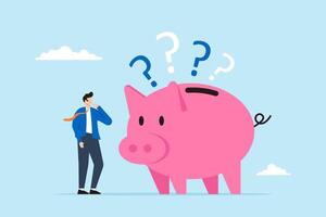 Confused businessman with piggybank and question marks vector