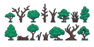 píxel árbol trompa. retro 8 poco vídeo juego duende activo, verde arboles antiguo seco tocón maletero y Iniciar sesión juego interfaz objetos. vector aislado conjunto