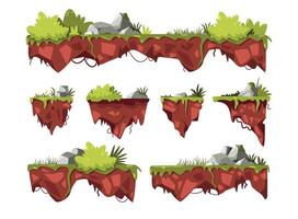 juego volador suelo. dibujos animados plataformas con verde césped arbustos rocas colgando en aire, flotante piezas de fantasía paisaje para juego activo. vector conjunto