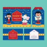 Birthday invitation set with cute boy magician and elephant vector